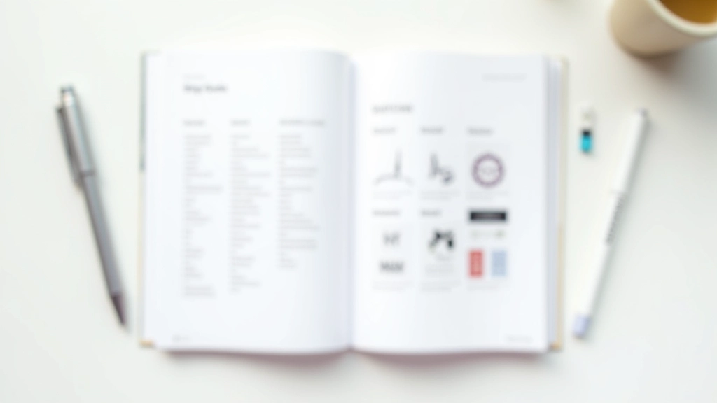 Brand style guide open showing typography, colors, and imagery guidelines with notebook