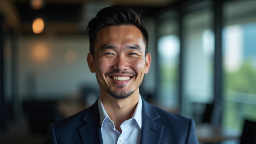 Creative director with portfolio of successful brand projects, portrait from chest up, warm expression